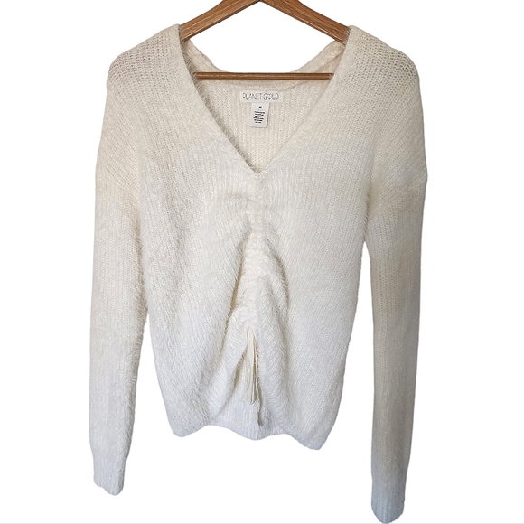 Planet Gold Cream V-neck Eyelash Knit Drawstring Ruched Sweater Juniors Size M - Picture 1 of 8